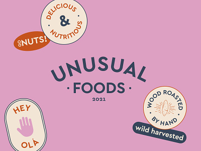 Unusual Foods brand identity brand branding crest design food graphic design icons illustration logo nuts packaging pink stamp vector