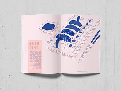 Sushi Illustration Double Page Spread book chopsticks contrast editorial fish food illustration japanese nigiri pink soy sushi