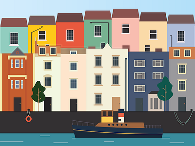 Bristol Harbour Illustration boat building buildings colourful harbour home houses illustration river tree trees water