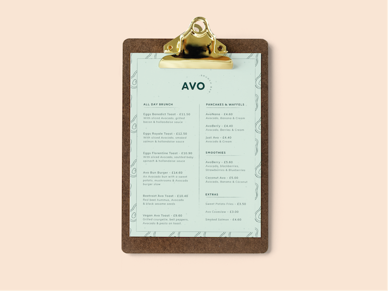Avo Brunch Bar Menu graphic design avocados food brunch pastel pink business cards illustration branding brand logo avocado