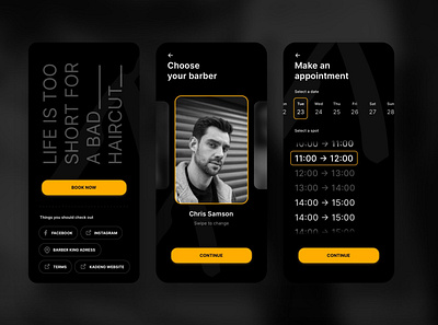 Barber Shop App UI app barber dark design ios mobile screen ui ui design user experience yellow