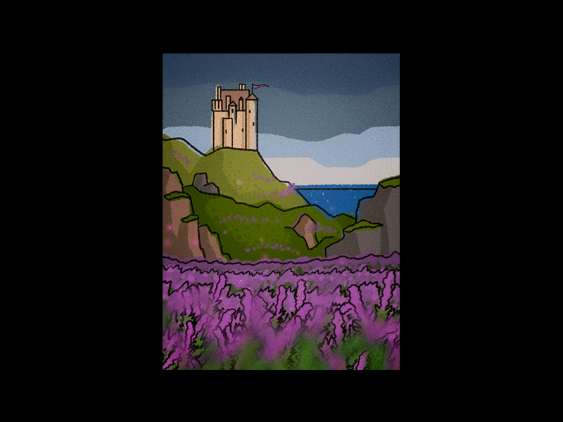 Scottish Shore alba animated landscape animation castle cliffs clouds crane fairy fantasy heather history illustration landscape medieval nature rocks scotland sea wind windy