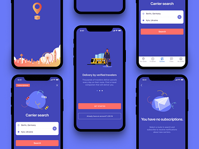 Postal delivery by travelers (App concept) carrier delivery app interface order parcels post shipments shipping management travel traveling ui ux