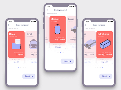 Create your parcel (parcel type selection) bags booking carrier delivery app design illustration interface parcels reservation shipments shipping management travel traveling ui ux