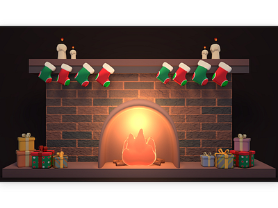 Christmas fireplace 3d candle cartoon design eve gift boxes greetings holiday interior living room night seasonal warm