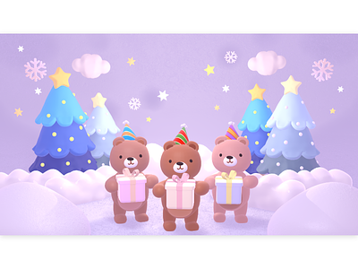 cute merry christmas bears 3d animal cartoon character children cute forest friend holiday kid land miniature pastel snow star toy tree winter wonderland