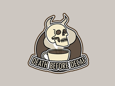 Death Before Decaf badge coffee decaf espresso icon illustration line art monotone shield skull vector