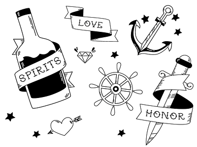 Pirate Tattoos Flash Sheet black icon minimal monoline nautical pirate sailor tattoo white