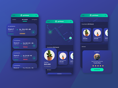 grinhaus dark mode mobile app design b2b b2c blue bussiness darkmode enterpreneur green mobile mobile ui plants product design sketch startup ui