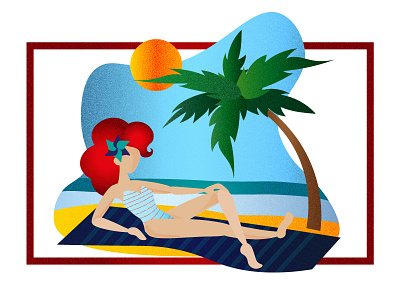 Girl on the beach illustration postcard seaside vector