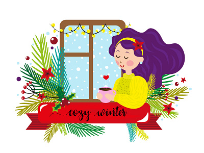 Cozy Winter character illustration postcard vector winter