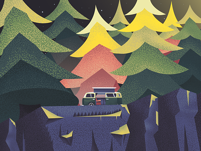 Campin by the Scarp camping escarpment forest grain effect illustration landscape noise trees valley van