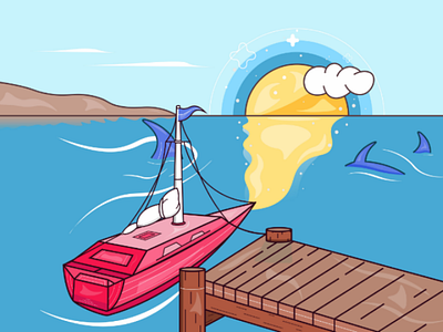 Boat on Bay artwork boat drawing flat design illustration landscape vector