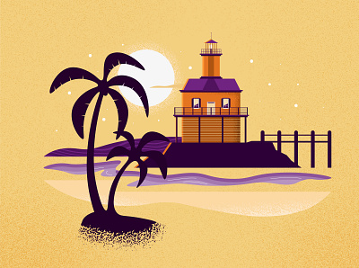 Lighthouse bay coast drawing illustration landscape lighthouse ocean palm tree shore