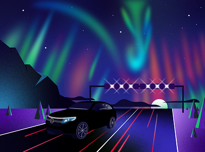 Benz in Northern lights auto car color drive eqc gradient holiday illustration landscape mercedes benz nothernlights sky vector