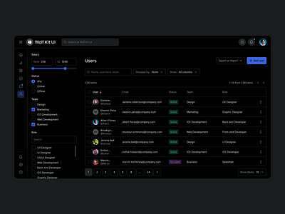 Web Table Template Made with The Wolf Kit design system dark mode dark theme design system rows table the wolf kit ui ux