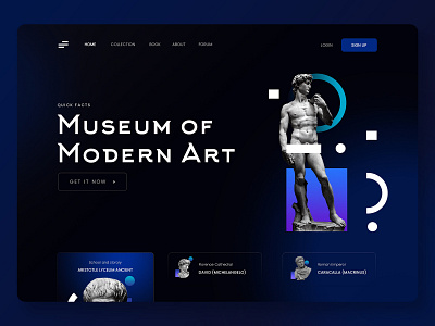 Museum 🏛️ app banner black blue cirede colors dark dark theme design graphic design landing page museum statue ui uiux ux web website website banner