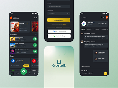 Crostalk | Messaging Social Platform App 💬 app black chat dark darkmode discord free screen gamecha games group chat mobile app mobile games mockup ui ux website