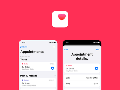 Apple Health Appointments app app design apple appointment appointment booking card date dentist design system details doctor health healthcare ios app today ui videocall