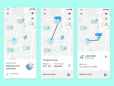 Bike Share App - Electric Bikes app design battery beryl bike ride bike share bikes cards electric jump level lime lyft map price ui walking