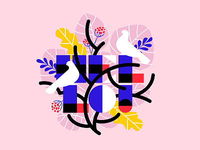 Hello Dribbble! bird blue branch debut dove hello leaf lettering pink white
