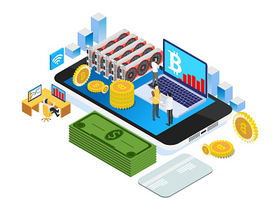 Modern Isometric Smart Bitcoin Mining Illustration