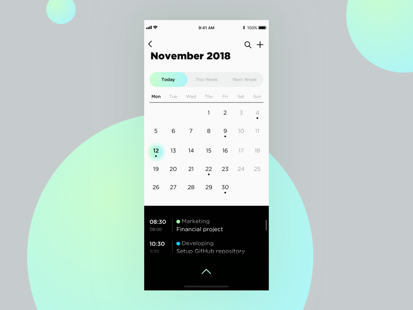 UI Daily, #038 – Calendar by Elena Perminova on Dribbble