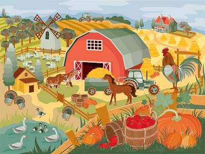 Farm In Autumn art autumn design farm harvest illustration illustrator pumpkin season vector vegetables