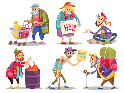 Bums art beggar character design flat help homeless illustration illustrator mercy people vector