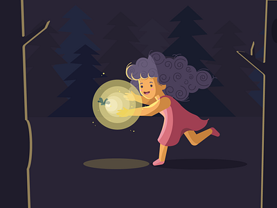 Chasing the light flat girl illustration night running vector