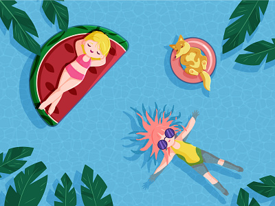 Summer chill dog girl illustration pool summer vector