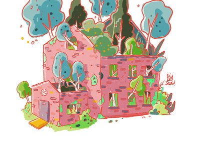 Pink box comic forest house illustration kids. editorial naif old trees woods