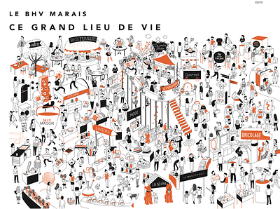 BHV Paris Marais character editorial illustration map paris people shop