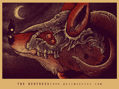 The Huntress fox hunt huntress illustration moon moth night pestmeester photoshop poster silk screen skull
