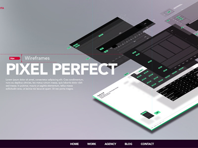 Pixel Perfect casestudy green isometric large text website wireframes