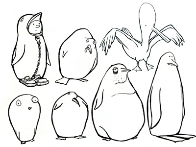 Penguins+Seagull illustration ink pen pengiuns seagull