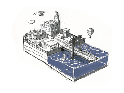 Cityslice hot air balloon illustration isometric (sort of) sketch