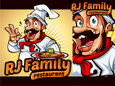 RJ Family Restaurant Logos black and white cartoon logo chef chef logo illustration illustrative logo sketch to vector