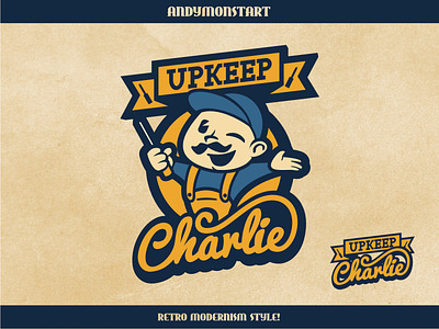 Upkeep Charlie Retro Logo andymonstart badge blue cursive emblem emblem badge mo monochrome moustache orange plumber retro retro vintage two tone vintage