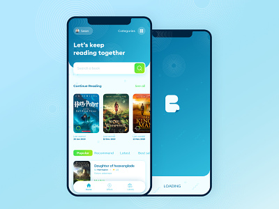 Book Reading App - ebooks Library app beautiful blue book cards ui clean design library mobile mobile app reading search bar simple ui ux virtual