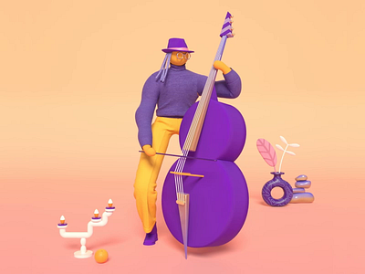 Double bass player 3d bass candle candlestick character cinema4d creative design doublebass gif hat illustration instrument lobsterstudio lobstertv music music player plant