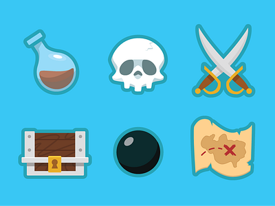 Pirate Things chest icons illustration map pirates rum skull sword treasure