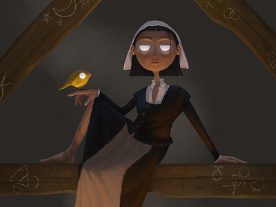 Witch with Familiar canary character design illustration salem witch
