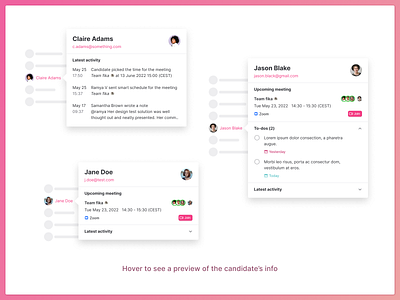 Quick preview of candidates in an Applicant Tracking System ats candidate card hover preview product design profile recruitment ui ux
