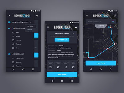 GPS Tracking App UI/UX android app app blue dark darkui gps layout map material ui sky skynick tracking ui uiuxdesign ux