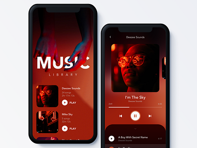 Music Player App | Mobile UI/UX Design app blurred background clean dark flat ios library minimalist modern music app neon neon colors player playlist red sky skynick ui uiux ux