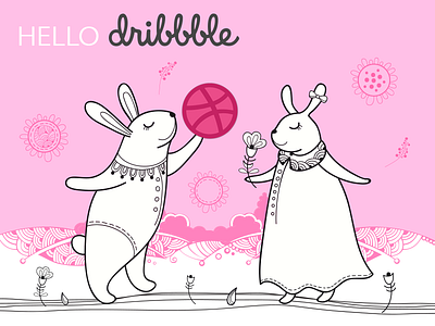 Hello Dribbble! bunny cute debut dribbble first shot hello invite pink rabbit