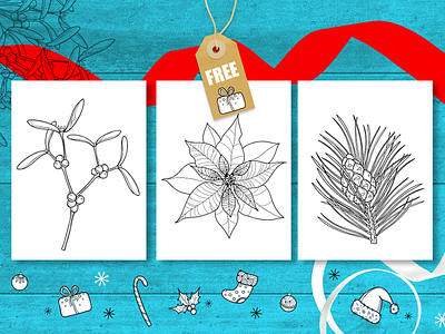 Adult coloring New Year's stories for free download. #2 adult coloring book black white coloring book coloring page contour drawing flora free line art mistletoe newyear outline pine cone poinsettia symbol xmas