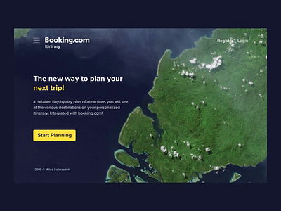 Booking.com Itinerary — Concept aerial animation booking booking app booking.com bookingcom cta earth explore itinerary landing landing page map motion prd principle sketch ui uidesign ux