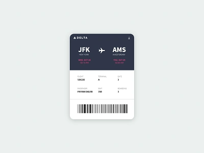 Daily UI - #024 Boarding Pass 2d app art barcode boarding boardingpass color daily 100 challenge dailyui dailyui024 dark delta design dribbble flight minimal ui user experience user interface ux